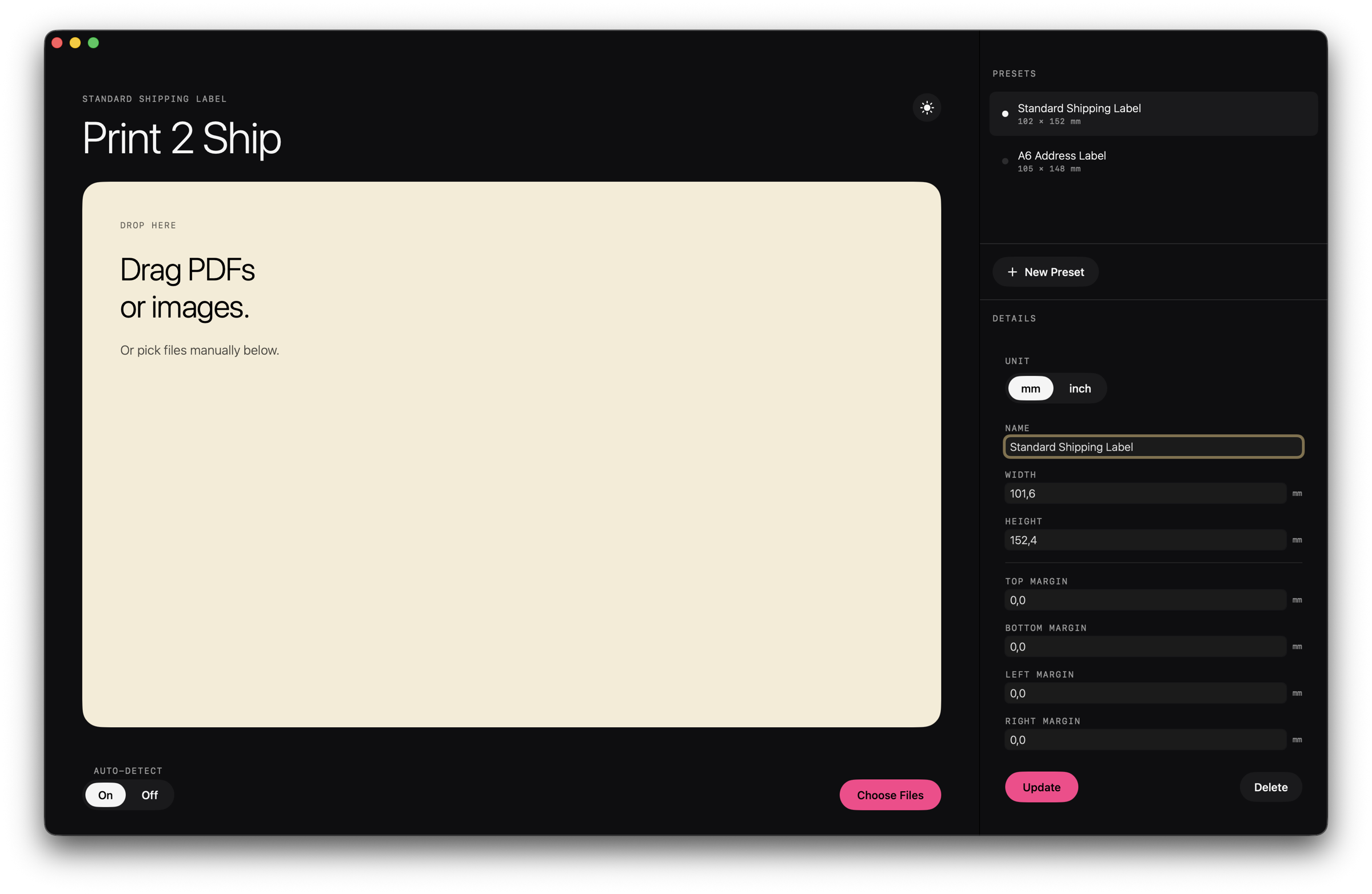 Drop zone ready for a shipping-label PDF (dark theme)