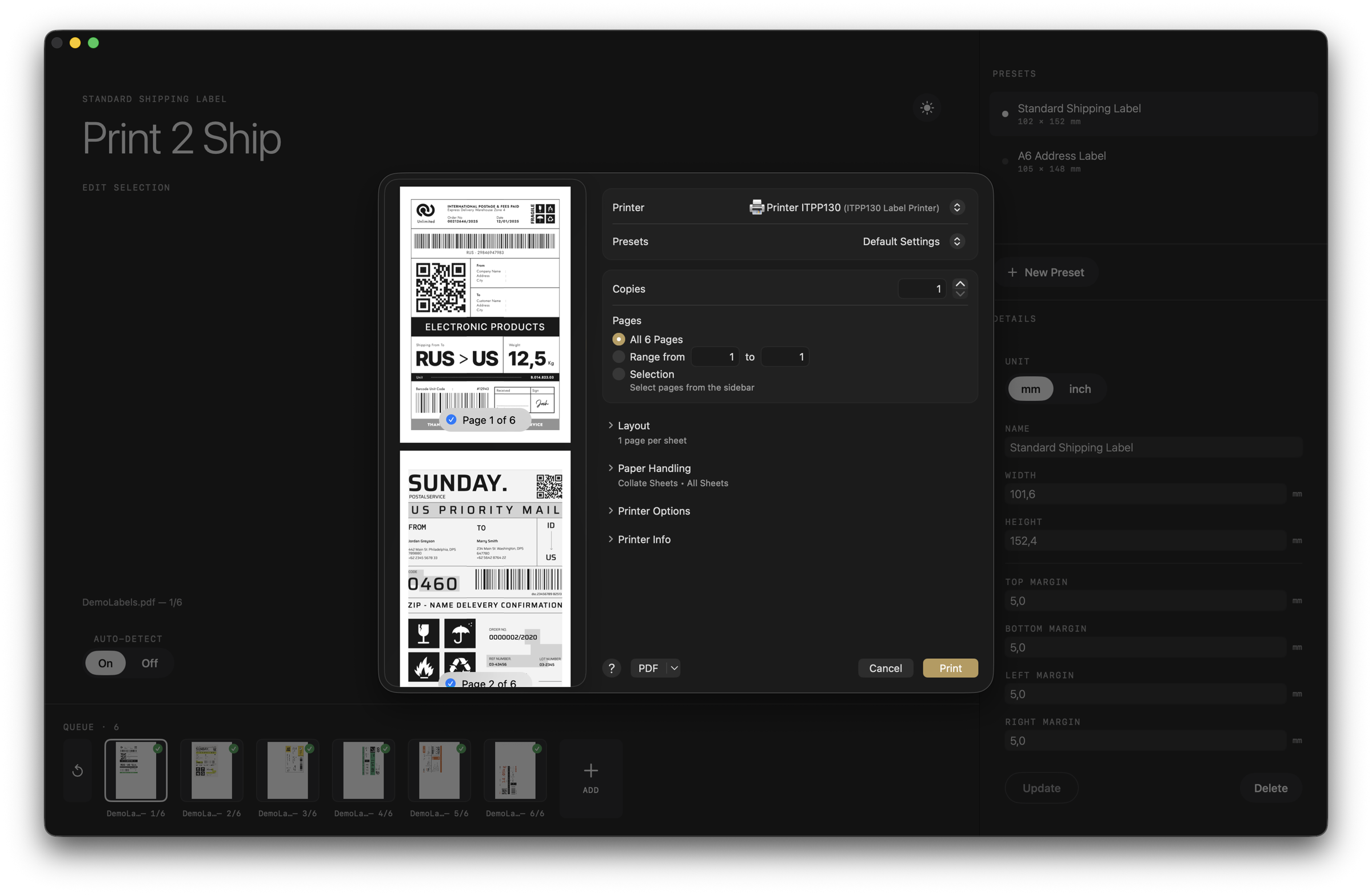 System print dialog with the label ready (dark theme)