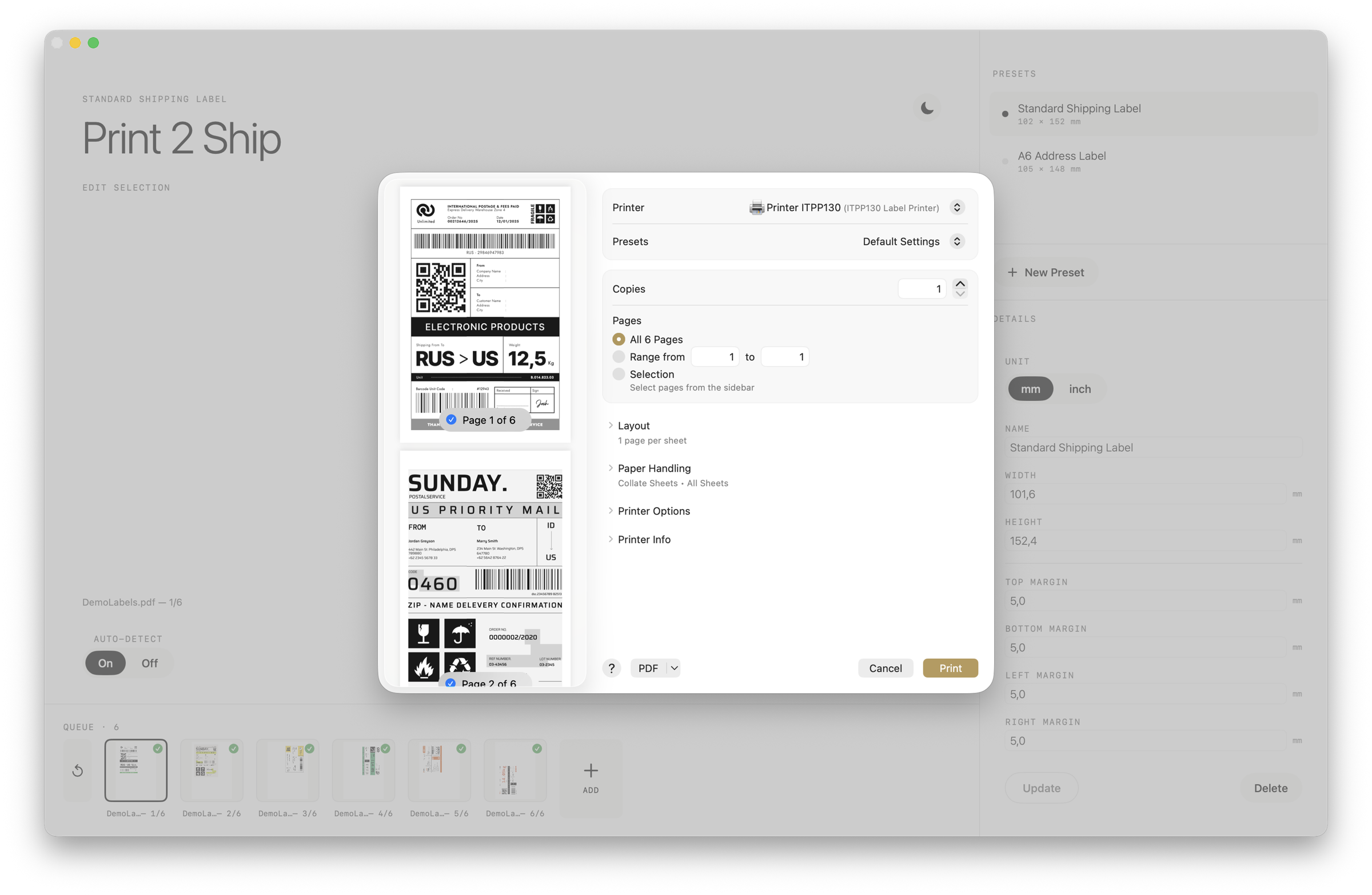 System print dialog with the label ready